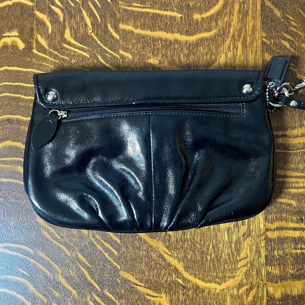 Coach Black Patent Leather Clutch Wristlet with Silver Accents